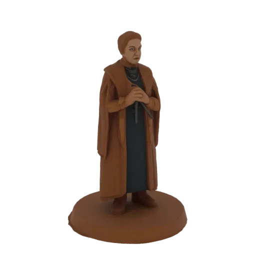 3D модель викторианской леди в длинном пальто с тростью, стоящей на круглой подставке.