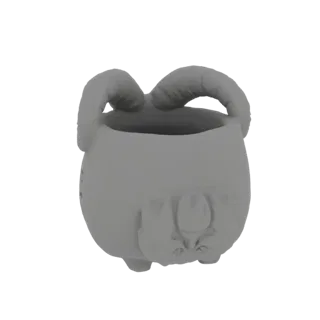 3D модель серого котла с рогами барана и мордой барана, вылепленной спереди.