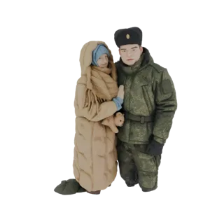3D модель пары в зимней одежде, мужчина в военной форме, женщина в стеганом пальто с мишкой.