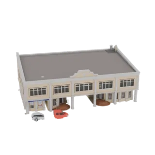 3D-модель современного коммерческого здания с большими окнами, колоннами, аркой и двумя небольшими автомобилями поблизости.