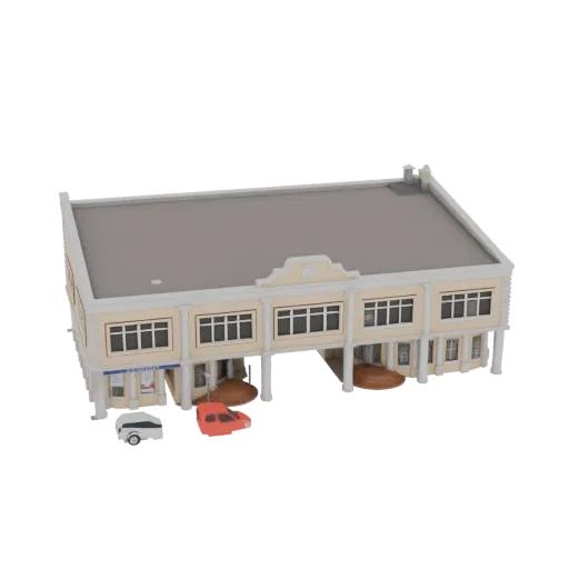 3D-модель современного коммерческого здания с большими окнами, колоннами, аркой и двумя небольшими автомобилями поблизости.