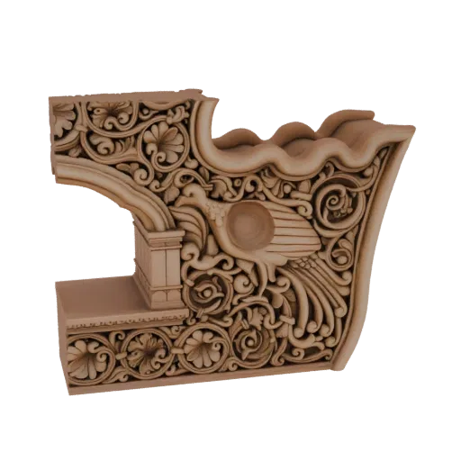 3D модель декоративного кронштейна с птицей и цветочными узорами.