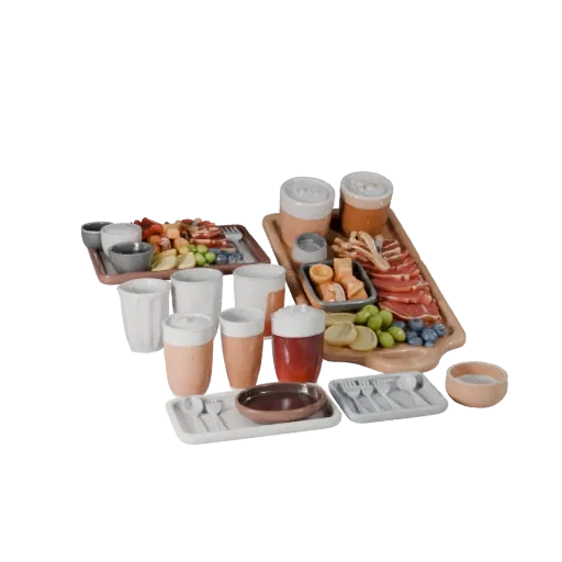 3D-модель "Пикник с мясной нарезкой", вид спереди в три четверти, студийный рендер AR-просмотрщика, демонстрирующий керамику,