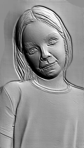 3D модель барельефа девочки с легкой улыбкой, выполненная в стиле скульптуры.