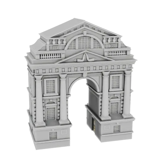 3D модель классической триумфальной арки с центральным проемом, украшенными колоннами и детализированными фризами, в нейтраль