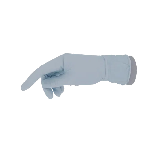 3D модель голубой медицинской перчатки с вытянутым вперед указательным пальцем.