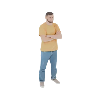 3D модель мужчины с бородой, в желтой футболке и синих джинсах, стоящего со скрещенными руками.