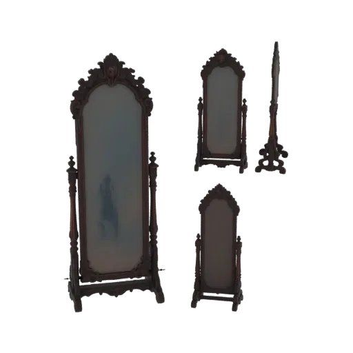 3D model of an ornate dark wood cheval mirror with decorative carvings, shown from multiple angles.