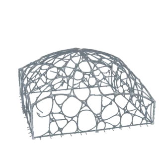3D рендер геодезического купола со сложным органическим клеточным узором, заполняющим пространство между структурными стержня
