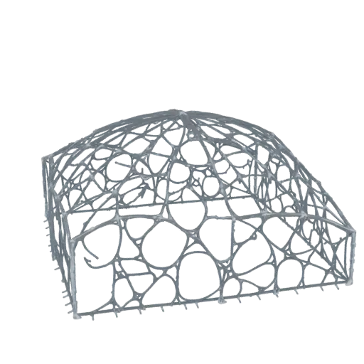 3D рендер геодезического купола со сложным органическим клеточным узором, заполняющим пространство между структурными стержня