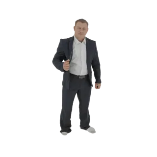 3D-модель мужчины в темном костюме и белой рубашке, стоящего и поправляющего пиджак.