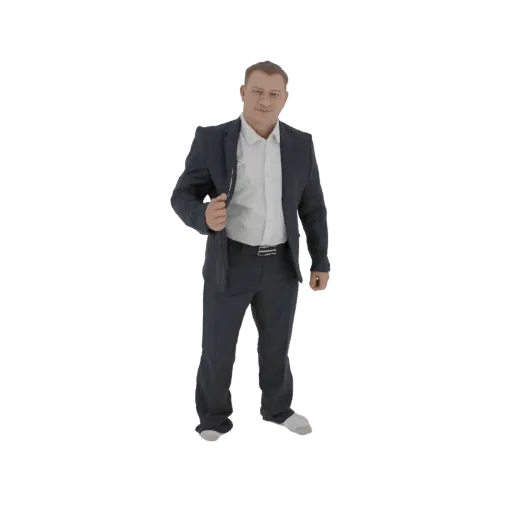 3D-модель мужчины в темном костюме и белой рубашке, стоящего и поправляющего пиджак.