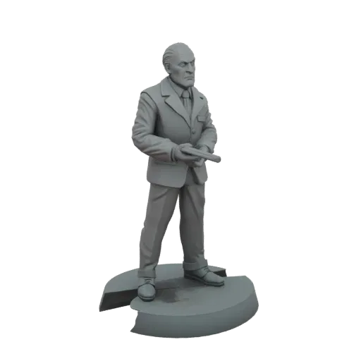 Рендер 3D модели мужчины в костюме с дробовиком на круглой подставке.
