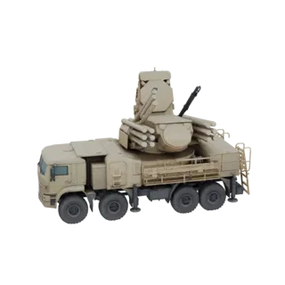 Side view of a detailed 3D model of a tan Tatra T-815 AA Gun System, featuring a multi-wheeled truck chassis and a complex tu
