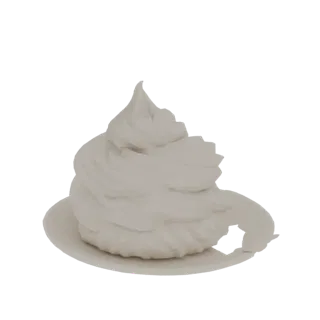 3D модель шарика взбитых сливок с завитками на белом блюдце, отрисованная с мягким нейтральным освещением.