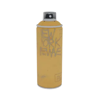3D-модель желтого баллончика с краской для граффити с серебристым тегом 'New Wave' и другими каракулями на белом фоне.
