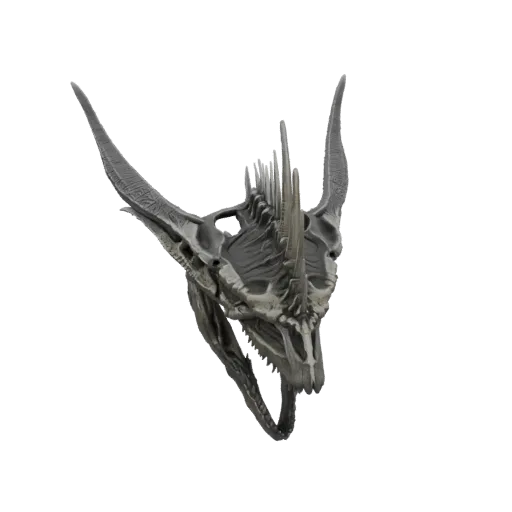3D модель серого черепа инопланетного дракона с острыми шипами и большими изогнутыми рогами, вид спереди.