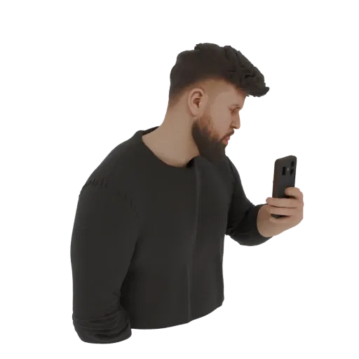 3D модель мужчины с бородой и модной стрижкой, держащего смартфон, вид сбоку.