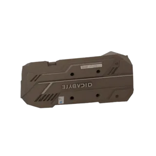 3D-модель кожуха кулера видеокарты Gigabyte, показывающая коричневый корпус с белым логотипом Gigabyte.