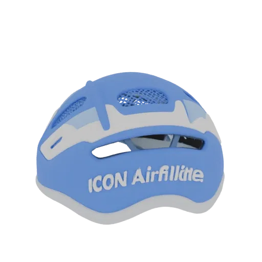 3D модель сине-белого мотошлема ICON Airflite с надписью 'ICON Airflite' сбоку.