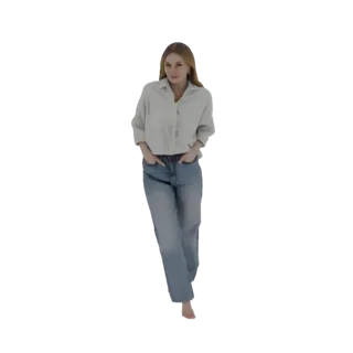 3D model of a woman with long blonde hair, wearing a light blue shirt and jeans, with hands in pockets, standing casually.