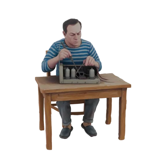 3D модель мужчины в полосатой рубашке, сидящего за деревянным столом и паяющего внутренние компоненты винтажного радио.
