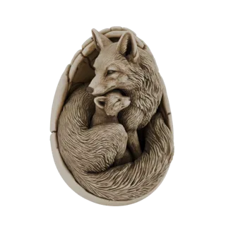 3D модель матери-лисы и лисенка, уютно устроившихся внутри треснувшей яичной скорлупы, с нейтральной текстурой, похожей на ка