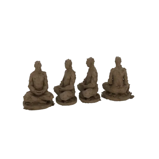 3D рендер четырех различных фигур, сидящих в позах медитации, с текстурированной, землистой поверхностью.