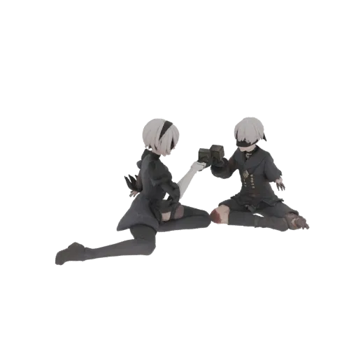 3D модель фигурок 2B и 9S из Nier Automata, сидящих и взаимодействующих с маленькими кубами.