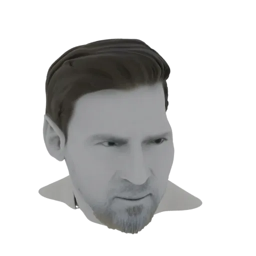 Рендер 3D-модели головы Лионеля Месси, показывающий его лицо и прическу на белом фоне.