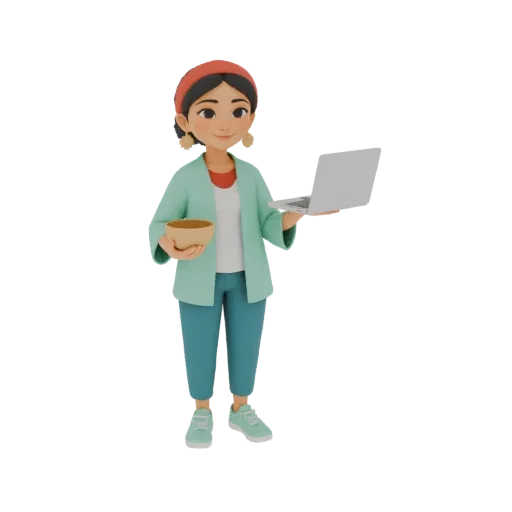 3D модель стилизованной женщины в бирюзовой куртке, держащей ноутбук и миску, с дружелюбным выражением лица.