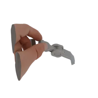 3D модель человеческой руки с реалистичной текстурой кожи, пальцы деликатно регулируют серый механический узел с видимыми шес