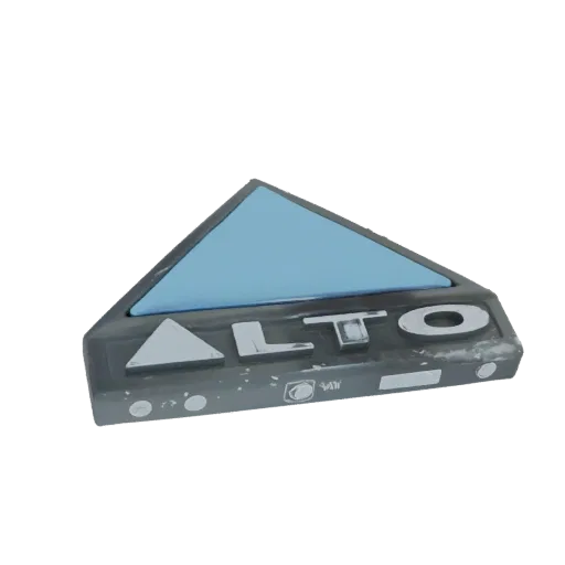 3D модель треугольного логотипа Alto с рельефным текстом 'ALTO' и синим акцентом.