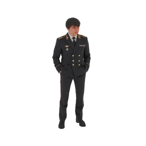 3D модель мужчины в темном военном парадном мундире с золотой отделкой, стоящего с руками в карманах.