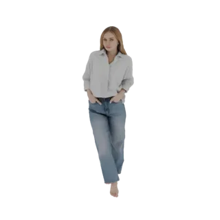 3D model of a young woman with blonde hair, wearing a light blue button-down shirt and blue jeans, standing with hands in poc