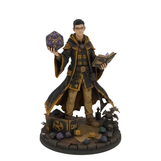 3D модель фигуры Мастера Подземелий, держащей большой d20 и книгу заклинаний, окруженной кубиками на брусчатом основании.