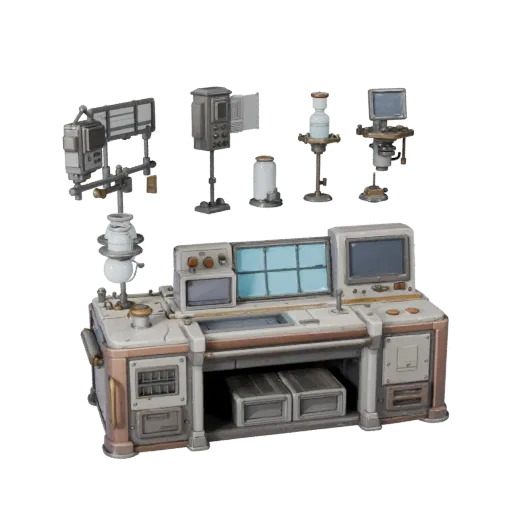 Стилизованная 3D-модель Прототипа контейнера, стилизованный изометрический рендер, показывающий чистый металл, настольные уст