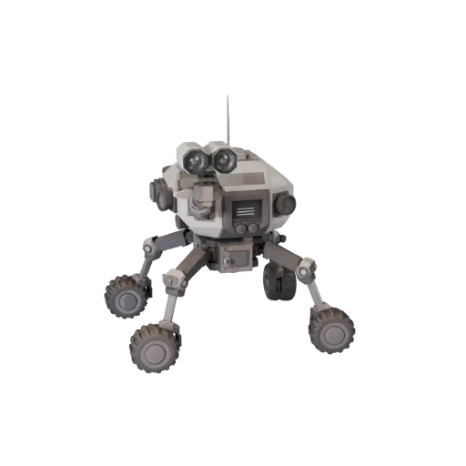 Низкополигональная 3D-модель лунного дрона-разведчика, вид в игровом окне в три четверти, с пыльными колесами, положением тра