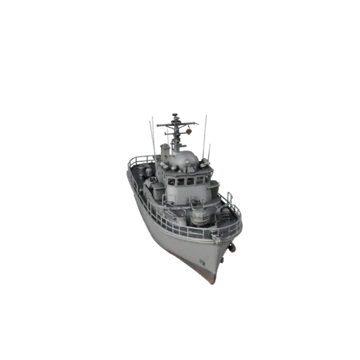 3D-модель винтажного патрульного катера, вид в три четверти в студии, готовый к анимации транспортный актив с компактным воен