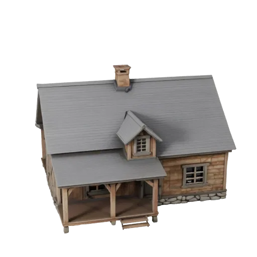 3D модель фермерского дома, готовая к использованию в Blender, вид рендера студии Blender, показывающий материалы жилого здан