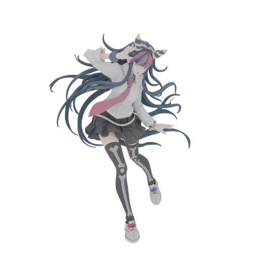 3D модель Ибуки Миода из Danganronpa в школьной форме, принимающая динамичную позу с вытянутыми руками.