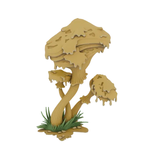 3D модель скопления тающих, стекающих грибов со стилизованным органическим видом на белом фоне.