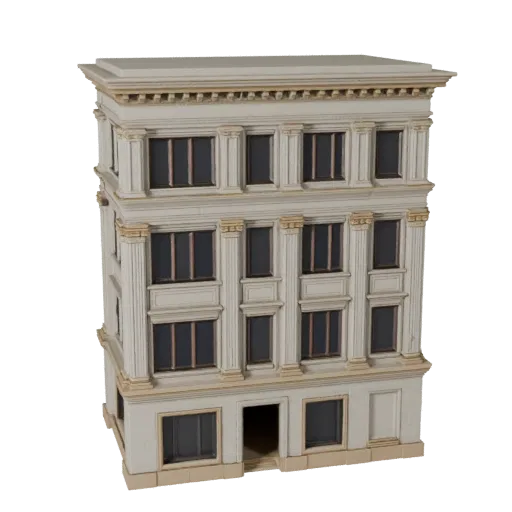 Классический Фасад печатная 3D модель STL, изометрический вид, показывающий материалы фасада здания и архитектурные детали