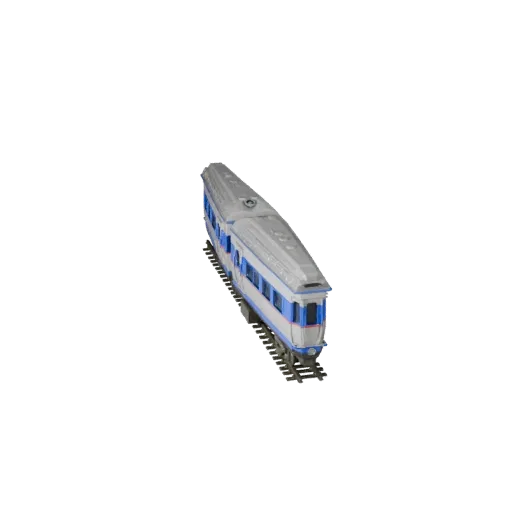 Низкополигональная 3D-модель поезда на магнитной подушке, вид из игрового окна в три четверти, низкополигональный актив транс