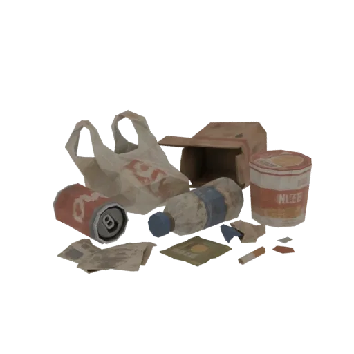 3D модель кучи мусора, включая пластиковый пакет, бутылку из-под воды, банку из-под газировки, окурки и картонную коробку.