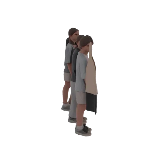 3D модель трех детей, двух девочек и одного мальчика, стоящих в очереди, вид сбоку.