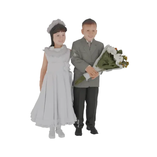 3D модель улыбающегося мальчика в сером костюме с букетом, стоящего рядом с улыбающейся девочкой в белом платье.
