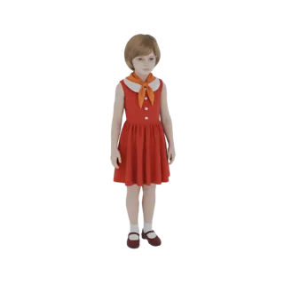 3D модель девочки с короткими каштановыми волосами, в красном платье и оранжевом шарфе, стоящая на белом фоне.