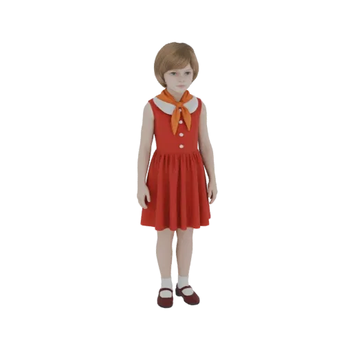 3D модель девочки с короткими каштановыми волосами, в красном платье и оранжевом шарфе, стоящая на белом фоне.