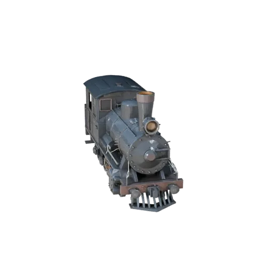 Низкополигональная 3D-модель старинного паровоза, вид из игрового окна в три четверти, низкополигональный актив транспортного